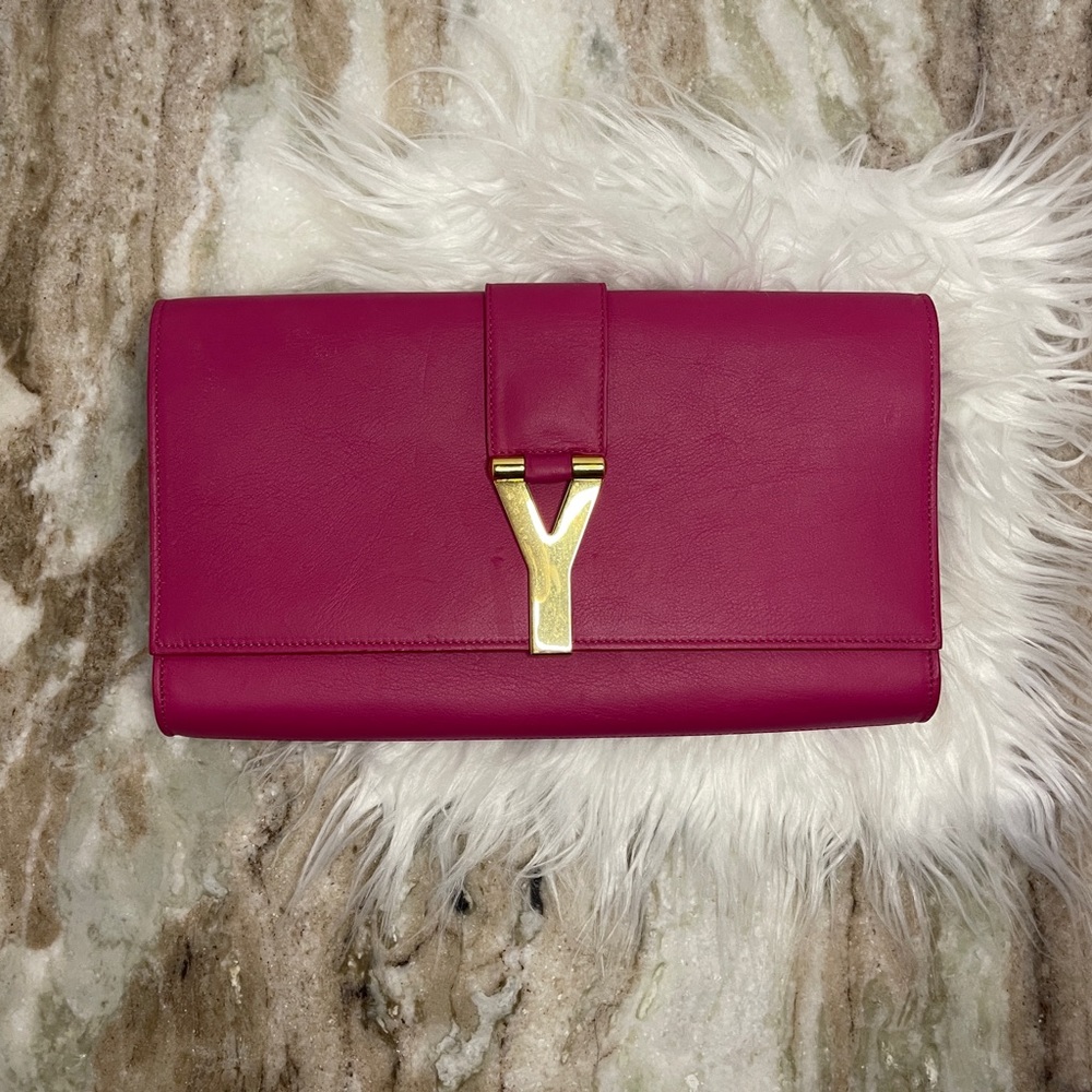YVES SAINT LAURENT Pink Smooth Calfskin Leather Ligne Y Clutch Bag.
